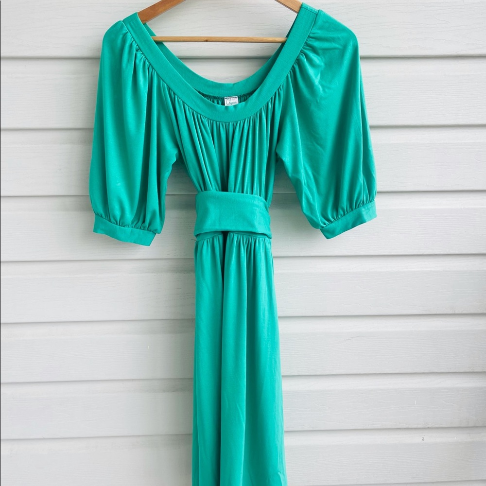 Aqua, Kelly Green pleated dress with sash.